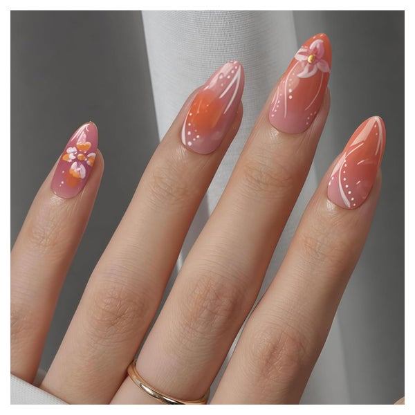 Press-On Nagel 24er kurz Mandelform 3D Blumen Wellen Glossy 1 St