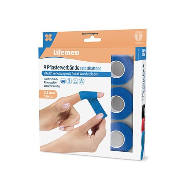 Lifemed Pflasterverbände selbsthaftend 5 m x 2,5 cm blau 9er Pack, 1 x 9 Stück 45 m