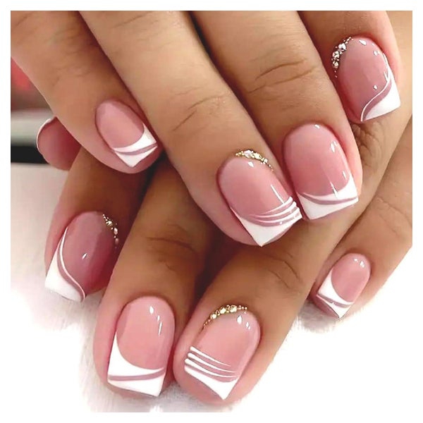 Falsche Nägel 24 Kurz Press On Rosa French Eckig Strass Rosa 1 St