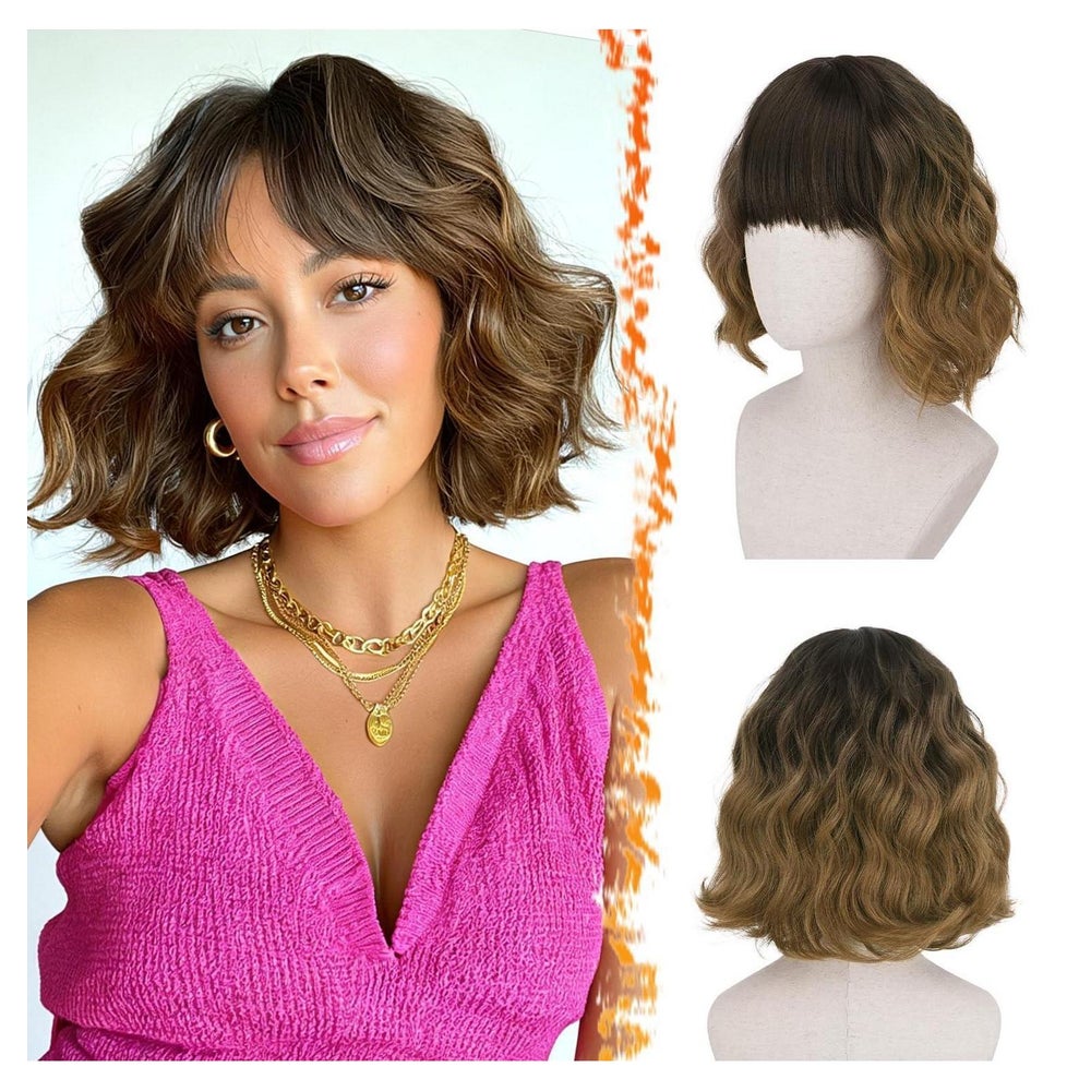 Perücke Bob Pony kurz lockig synthetisch Damen Braun Ombre 3 1 St