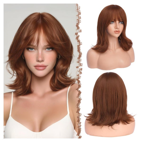 Perücke Bob Pony Kurz Wellig Synthetisch Damen Rotbraun 1 St