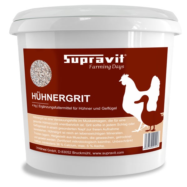 Supravit Hühnergrit Geflügelgrit 4 kg - Muschelkalk für Knochen - Futterkalk Naturprodukt für Hühner 4 kg
